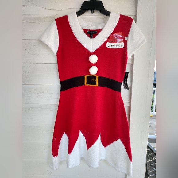 Allison Brittney 2pc Santa Knit Dress with Hat Faux Feathers Pom Poms Size Small - Picture 3 of 16